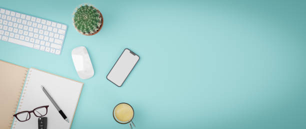 istock 3D illustration. Top view office desk  photo of workspace desk. 3D rendering. 1373050940