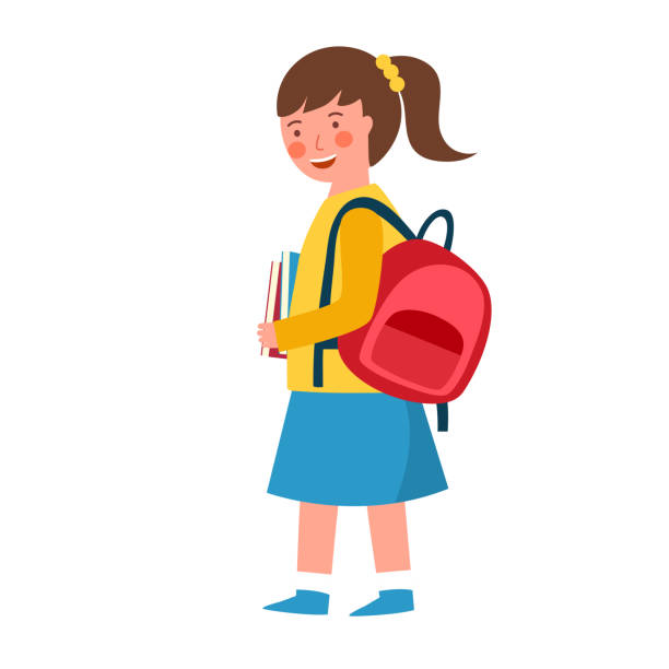 Girl student with school bag and some books in flat design on white background. vector art illustration