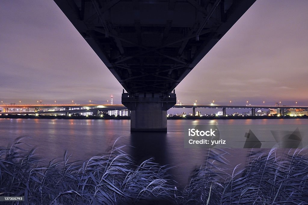 night bridge railway bridge over Arakawa river with Tokyo lights on backward Arakawa River - Kanto Stock Photo