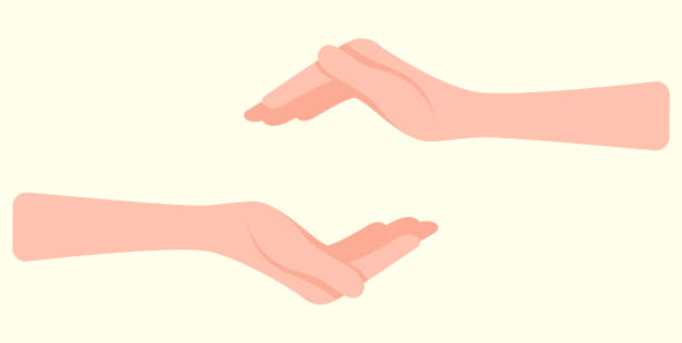 Two hands with open palms. Two hands with open palms in a protective gesture cover something from above and below. Concept: cherish, cherish, appreciate, gestures. Vector illustration, flat cartoon design isolated. alms stock illustrations