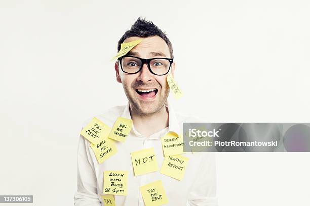Stressed And Depressed Office Worker With Postit Notes Stock Photo - Download Image Now
