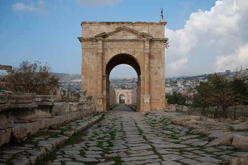 North Tetrapylon on Cardo Maximus in the ancient Roman city of Jerash, Jordan.