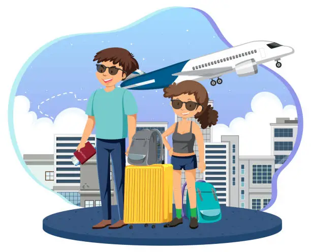 Vector illustration of A couple ready to travel with airplane