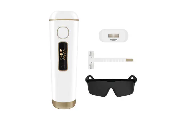 Vector illustration of Home IPL device set for Laser Hair Removal permanent at home with Safety Glasses and razor. Beauty equipment with blank logo for mockup.