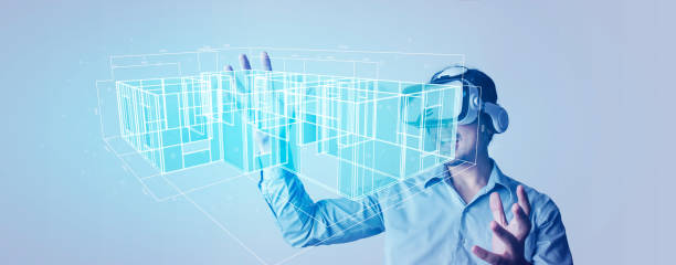 Architect or Engineer designer wearing VR headset for BIM technology working design 3D house model. Architect or Engineer designer wearing VR headset for BIM technology working design 3D house model. Augmented reality technology. Architect working with metaverse technology concept. building information modeling photos stock pictures, royalty-free photos & images