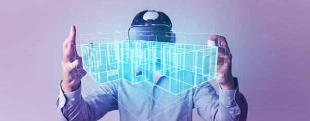 Architect or Engineer designer wearing VR headset for BIM technology working design 3D house model. Augmented reality technology. Architect or Engineer designer wearing VR headset for BIM technology working design 3D house model. Architect working with metaverse technology concept. building information modeling photos stock pictures, royalty-free photos & images