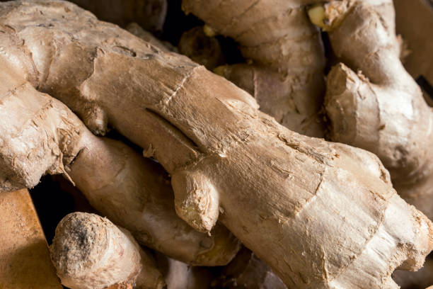 closeup of ginger for sale at a small market stall. background image. - for sale industry farmers market market stall imagens e fotografias de stock