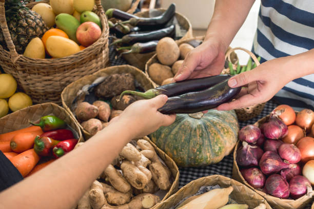 a man hands two eggplants of his choice to a vendor. various vegetables and fruits in the background. a purchase at a small market stall. - for sale industry farmers market market stall imagens e fotografias de stock