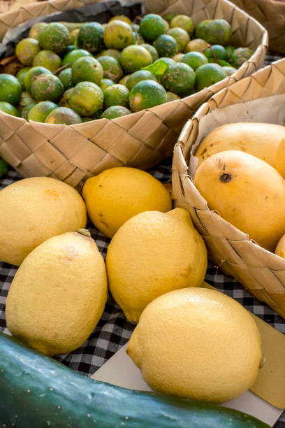 lemons, mangoes and calamansi on display at a small stall at a weekend market. - for sale industry farmers market market stall imagens e fotografias de stock