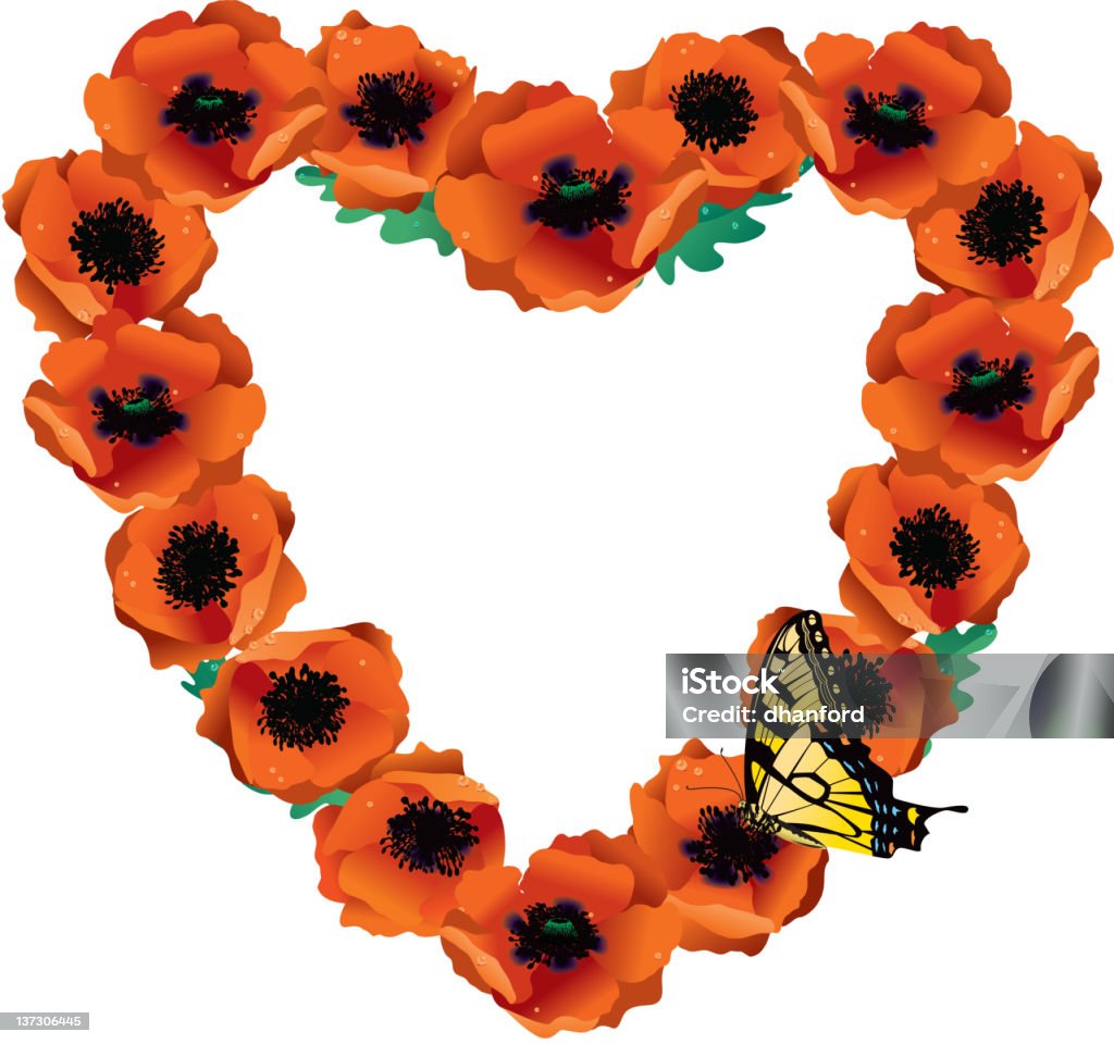 Corazón fabricadas de Poppies con amarillo mariposa cola de golondrina - arte vectorial de Amapola - Planta libre de derechos