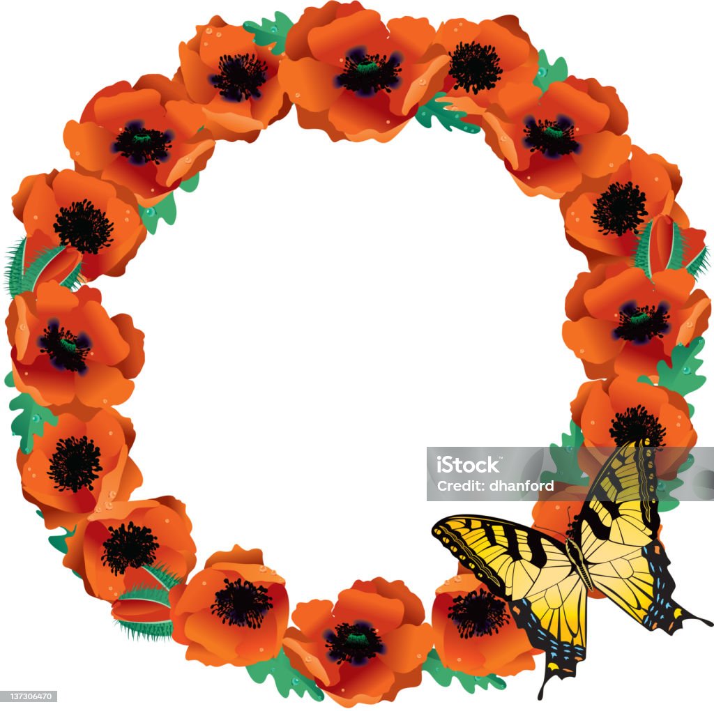 Kreis der helle Orange Poppies mit Schmetterling - Lizenzfrei Blatt - Pflanzenbestandteile Vektorgrafik