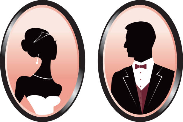 Bride and Groom Silhouette in Cameos vector art illustration