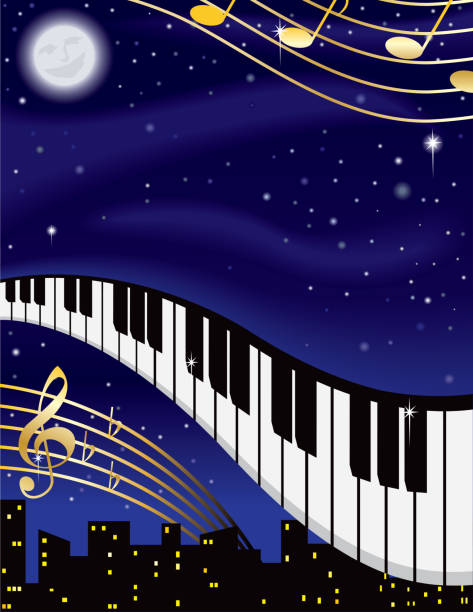 ilustraciones, imágenes clip art, dibujos animados e iconos de stock de noche de música - musical staff music piano blue