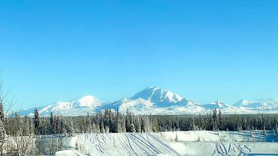 The beauty of the Alaskan Skyline along with its mountains, clouds, and trees, offers stunning views. Mount Drum, Mount Sanford, and Wrangle mountain can be see in the distance covered with snow. The Wrangle Mountains are located in Interior Alaska.j