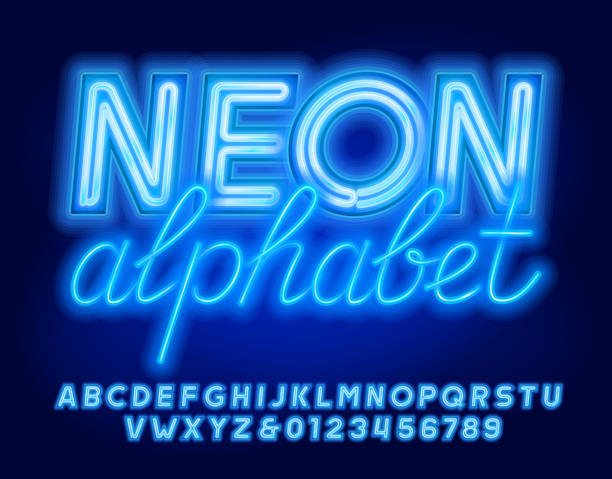 ilustrações, clipart, desenhos animados e ícones de fonte do alfabeto neon. letras de neon 3d, números e símbolos. - alphabet blue sign symbol