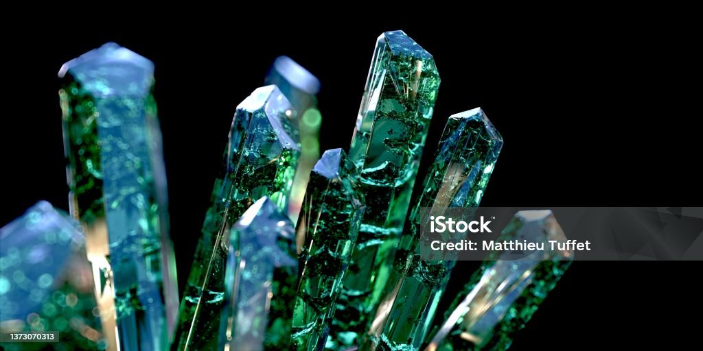 green gemstones isolated on black 3D computer generated image Crystal Stock Photo