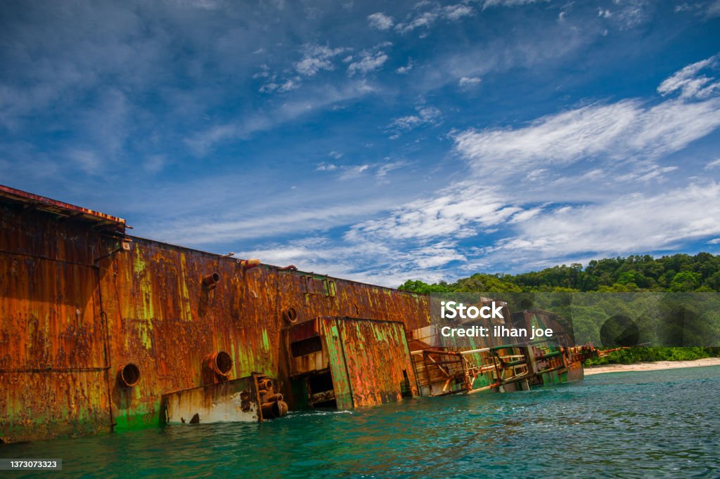 shipwreck in the Pangandaran Sea, West Java Wreck Stock Photo
