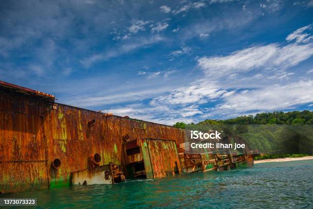 Shipwreck In The Pangandaran Sea West Java Stock Photo - Download Image Now - Wreck, Abandoned, Aging Process