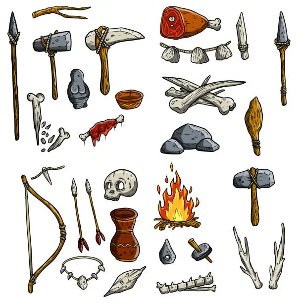 Vector illustration of Set of items of primitive man and hunter. Weapons of caveman. Stone age hammer, axe and club. Lifestyle and tool. Cartoon illustration