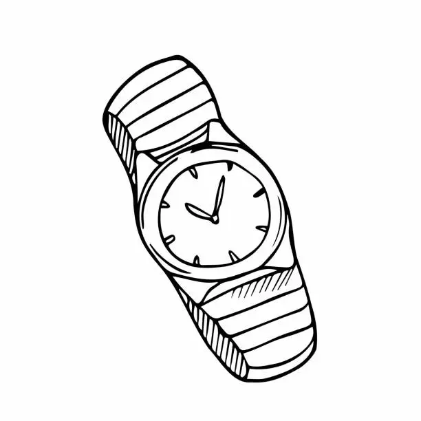 Vector illustration of Doodle men's wristlewatch, black image on white background. Linear art. Vector illustration.