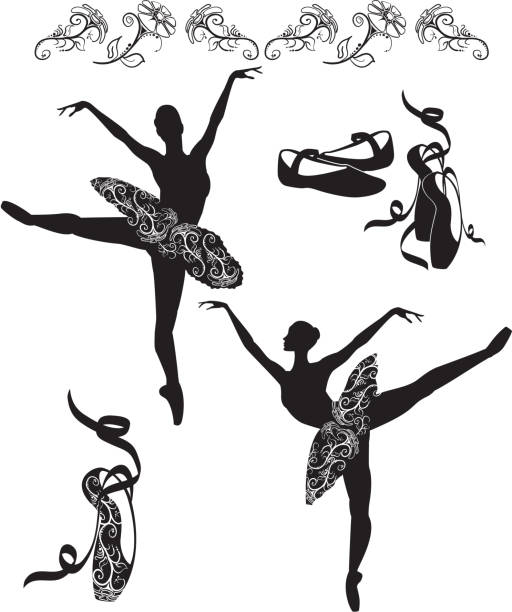 Silhouette Ballerinas in arabesque position, black and white vector art illustration