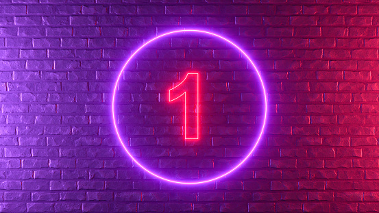 Number 1 with glowing neon lighting on black brick wall, 3d render.