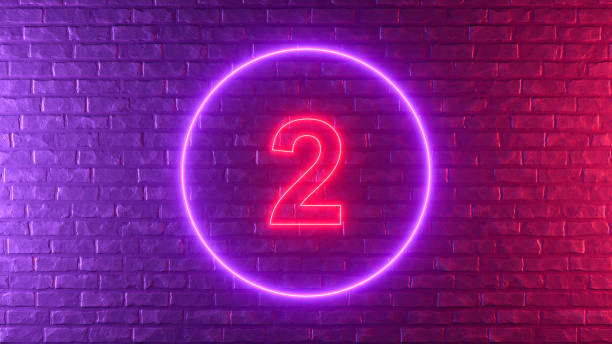 Number 2 with glowing neon lighting on black brick wall, 3d render.