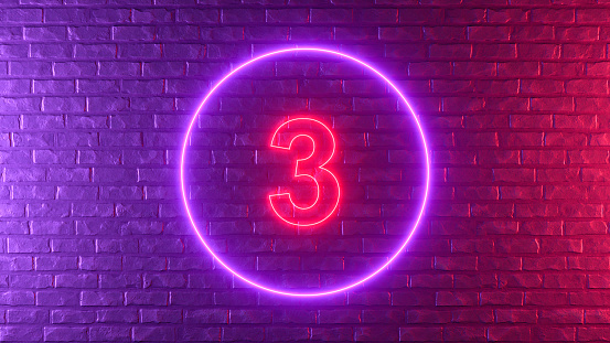 Number 3 with glowing neon lighting on black brick wall, 3d render.