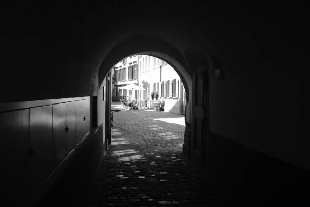 A black and white, dramatic low-angle view of a long, vaulted arcade (portico), with a strong sense of depth and symmetry creating a powerful leading lines effect.