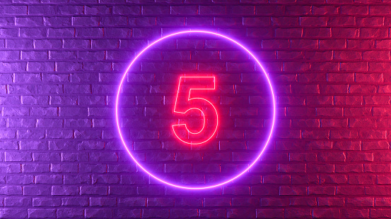 Number 5 with glowing neon lighting on black brick wall, 3d render.