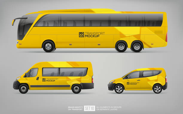 ilustrações, clipart, desenhos animados e ícones de conjunto de simulação de ônibus amarelo, van de passageiros e carro de serviço - marcar a ferro quente