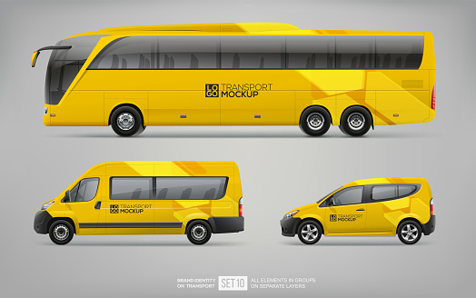 Mockup set of yellow Coach Bus, Passenger Van and service Car isolated on grey. Abstract graphic elements for Brand identity and Advertising. Set of Passenger transport. Branding mockup