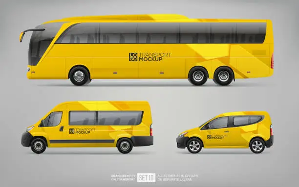 Vector illustration of Mockup set of yellow Coach Bus, Passenger Van and service Car