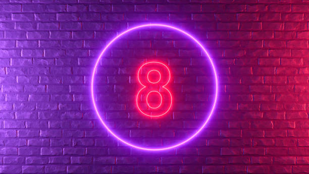 istock Number 8 with glowing neon lighting on black brick wall 1373078454