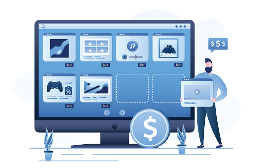 Businessman or designer sells media content online. Monitor, web store with various artworks, music and art masterpieces. Male artist add new video content for sell. Internet shop. Vector illustration