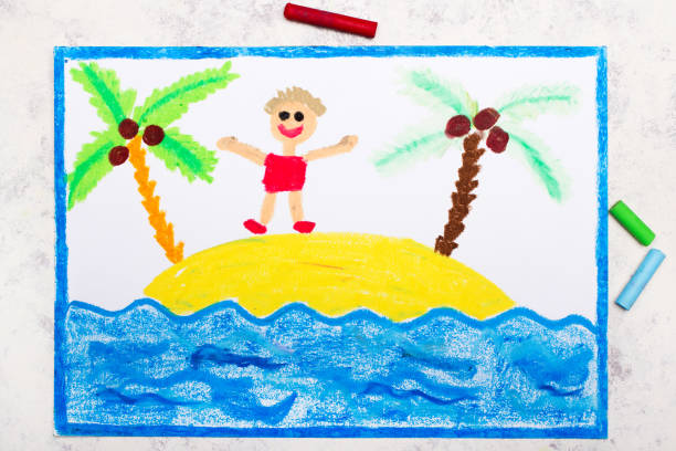 istock Colorful drawing: happy boy resting on the island. Vacation times 1373079445