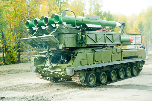 Nizhniy Tagil, Russia - September 25. 2013: Buk-M1-2 medium-range surface-to-air missile systems (NATO reporting name Grizzly and DoD designation SA-17) moves on demonstration range. Russia Arms Expo