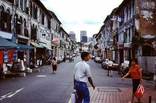 Singapore, December 28, 1989 - Shopping street in Jalan Besar, an old district of Singapore, some unidentified people in the background.