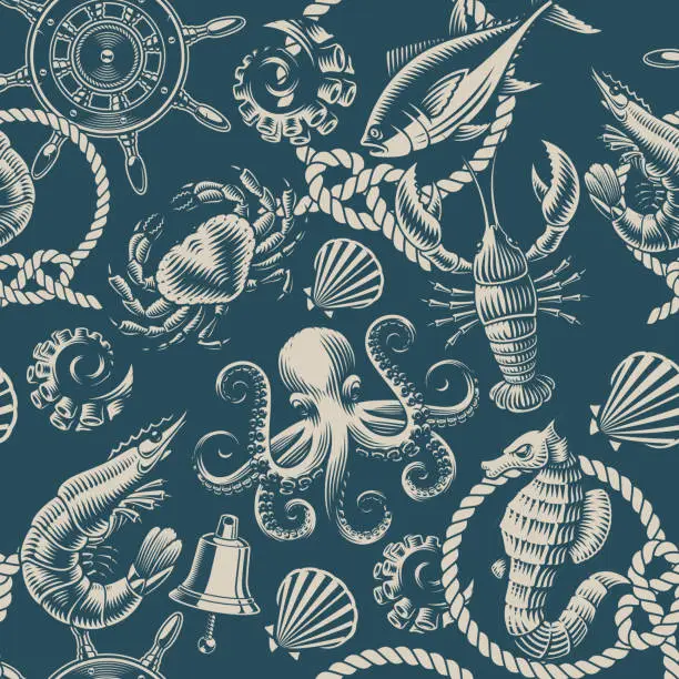 Vector illustration of Monochrome vector seafood pattern