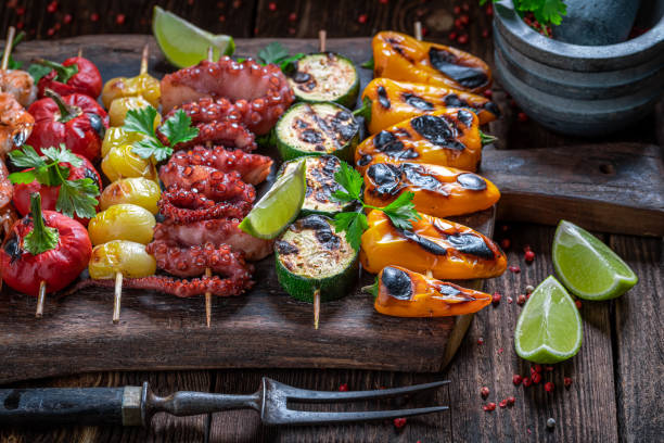 istock Hot roasted skewer served with fresh lime and coriander. 1373081834