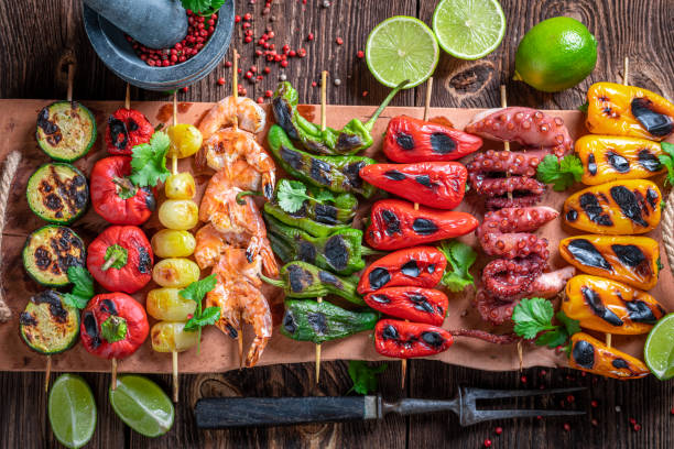 istock Healthy grilled skewer with vegetables and seafood. 1373082681