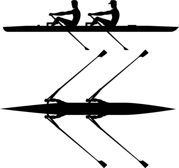 stockillustraties, clipart, cartoons en iconen met double scull rowboat team training before competition, black silhouette - roeisport