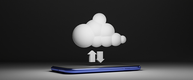 Virtual white cloud computing on mobile phone with arrow for share information data by upload and download pass thru cloud computing system concept by 3d render.