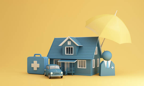 insurance company client take out complete insurance concept. assurance and insurance: car, real estate and property, travel, finances, health, family and life. 3d render yellow and blue - insurance law insurance agent protection imagens e fotografias de stock