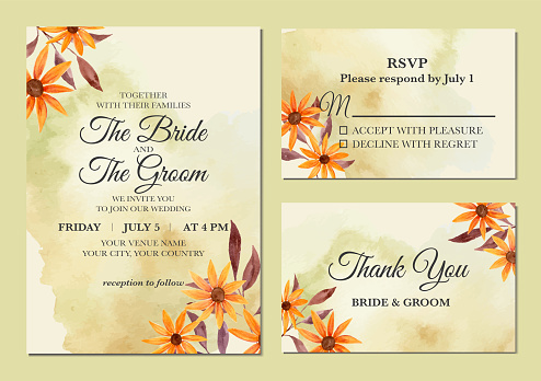 Hand painted of watercolor sunflower as wedding invitation template.