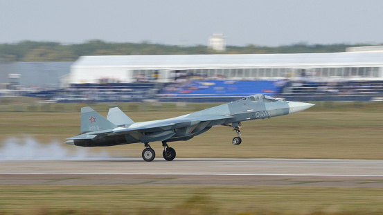 Moscow Russia AUGUST, 26, 2015 Stealth Russian Air Force fighter jet plane take off. Sukhoi Su-57 Felon is a fifth generation military combat jet aircraft developed from PAK FA T-50