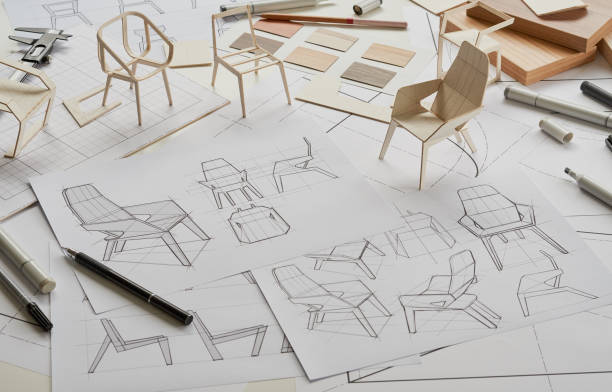 istock Designer sketching drawing design development product plan draft chair armchair Wingback Interior furniture prototype manufacturing production. designer studio concept . 1373088737