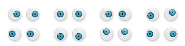 zabawkowe oczy ustawione ilustracja wektorowa. chwiejne plastikowe otwarte niebieskie gałki oczne lalek patrzących w górę, w dół, w lewo, w prawo, w szalone okrągłe części z czarną kolekcją źrenic izolowaną na białym tle - wobbly stock illustrations