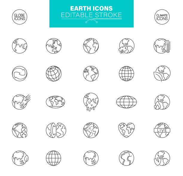 Earth Icons Editable Stroke. Contains such icons as Globe, Europe, Asia, North America, vector art illustration
