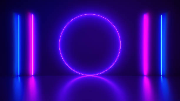 neon abstract background, laser show in circle and lines in pink and blue spectrum vibrant colors, glowing lines, tunnel, neon lights, virtual reality, round portal. - ringside imagens e fotografias de stock